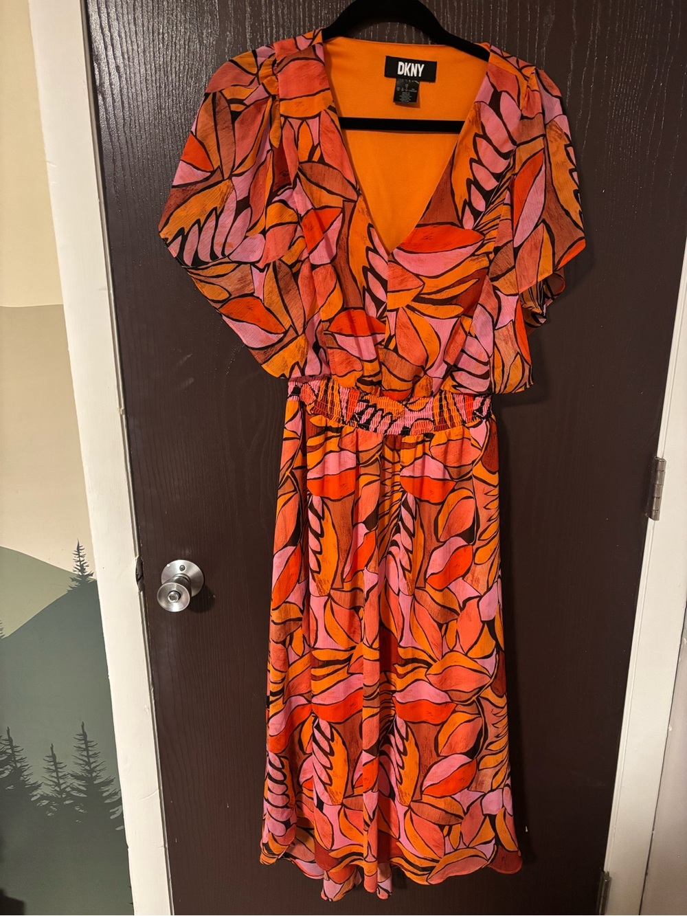 DKNY Orange and Pink Leaf-Print V-Neck Midi Dress